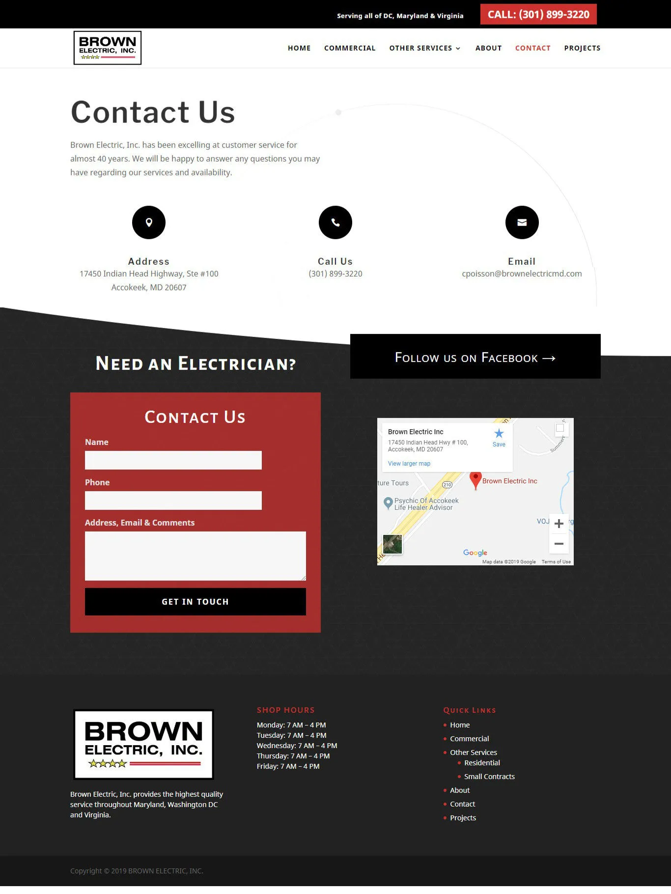 Brown Electric, Inc. contact us page after redesign