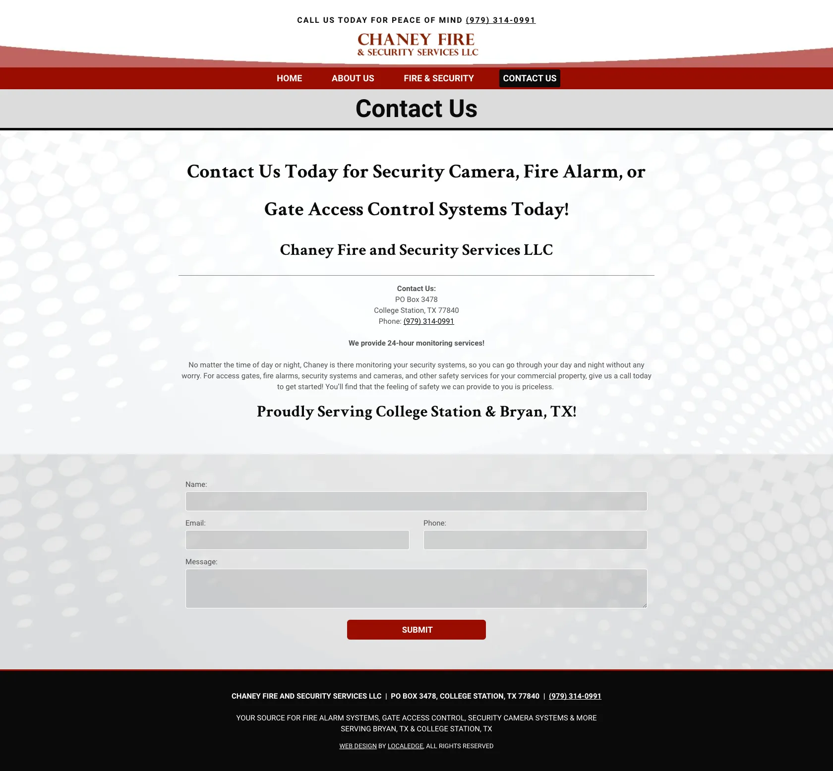 Chaney Fire and Security contact us page before redesign