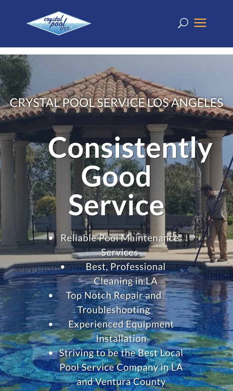 Crystal Pool Services home page on a mobile device