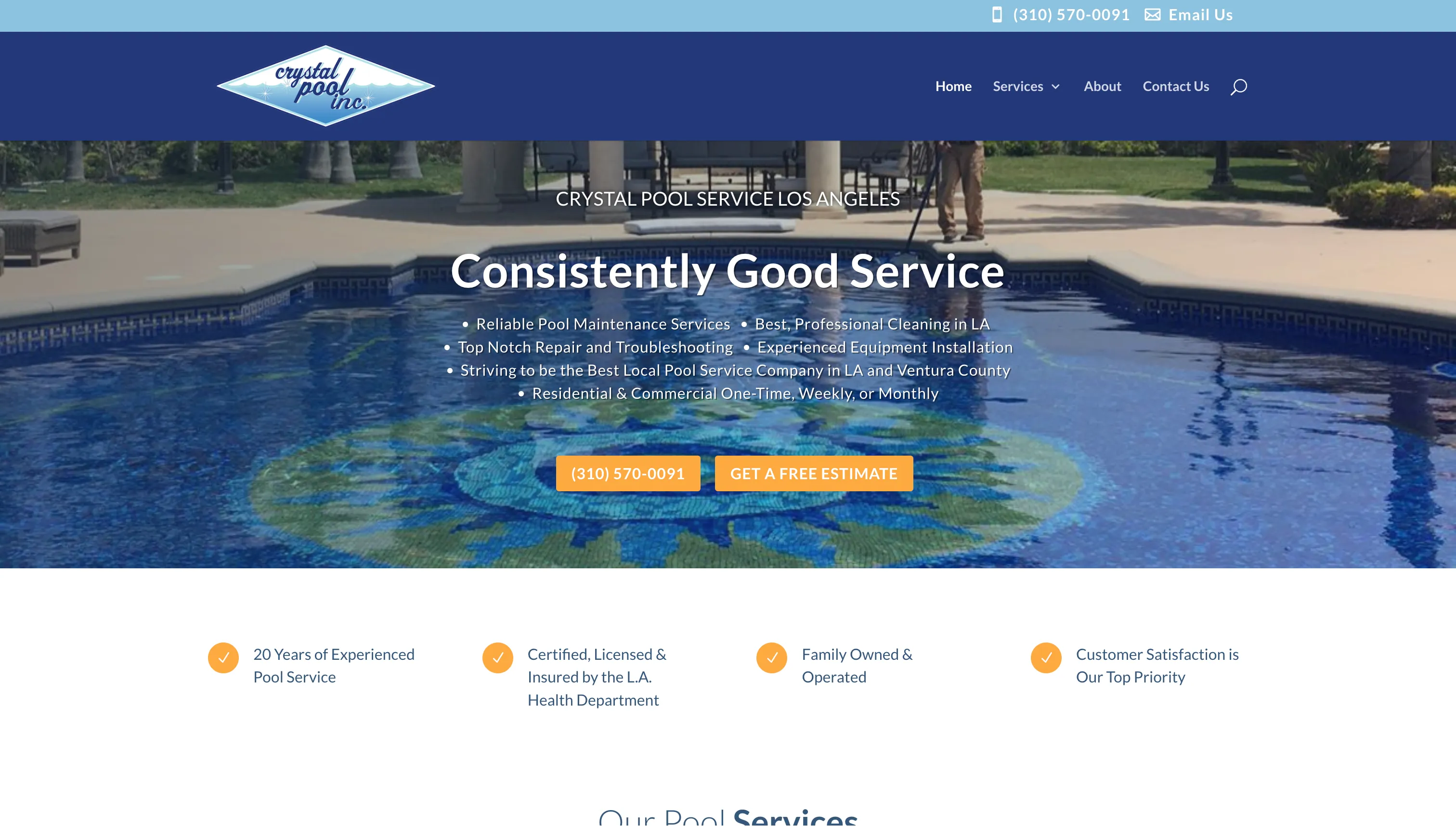 Crystal Pool Services home page on a laptop