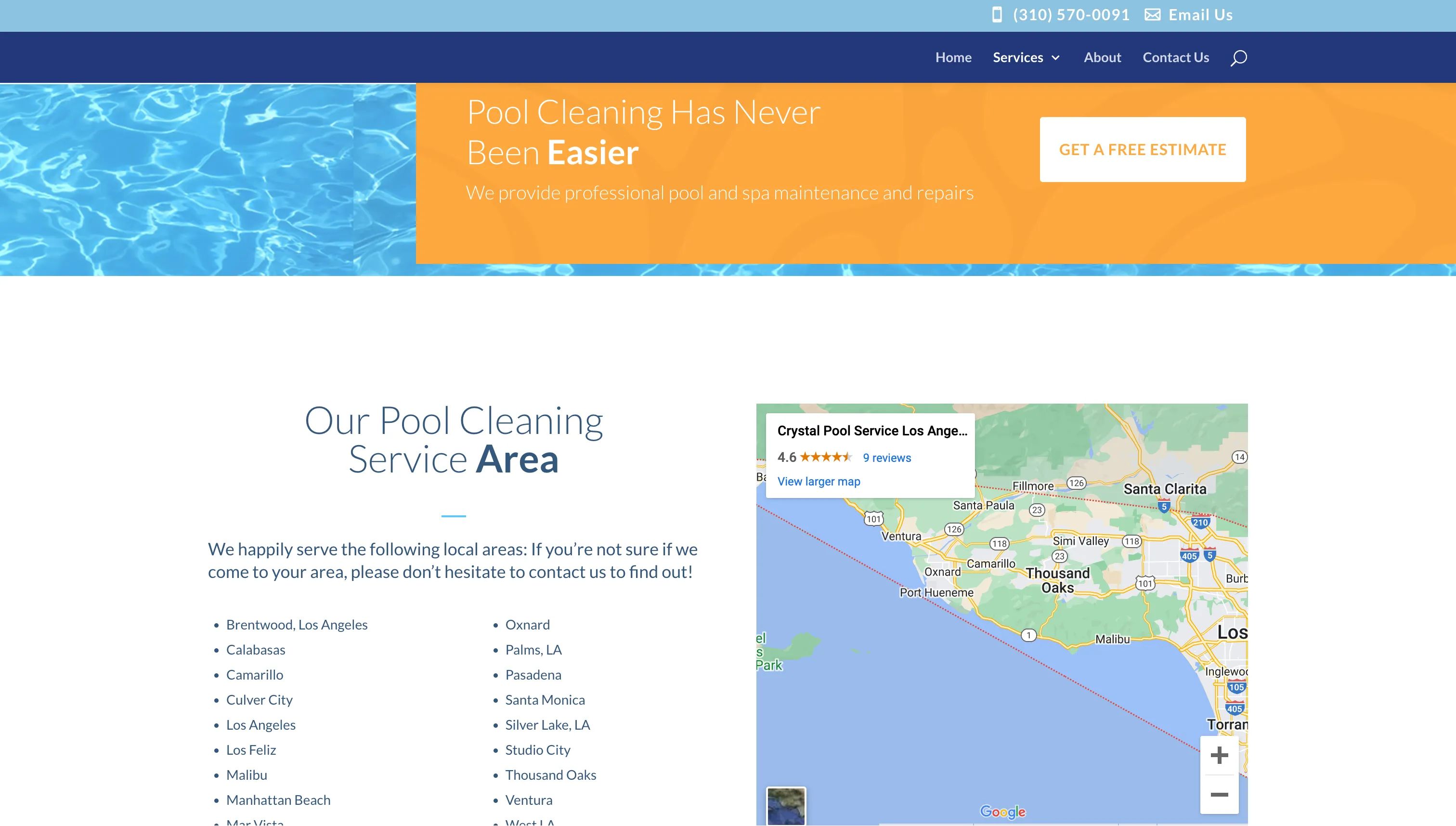 Crystal Pool Services service area map on a web page
