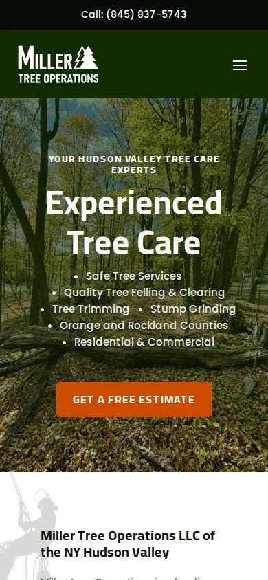 Miller Tree Operations home page on a mobile device