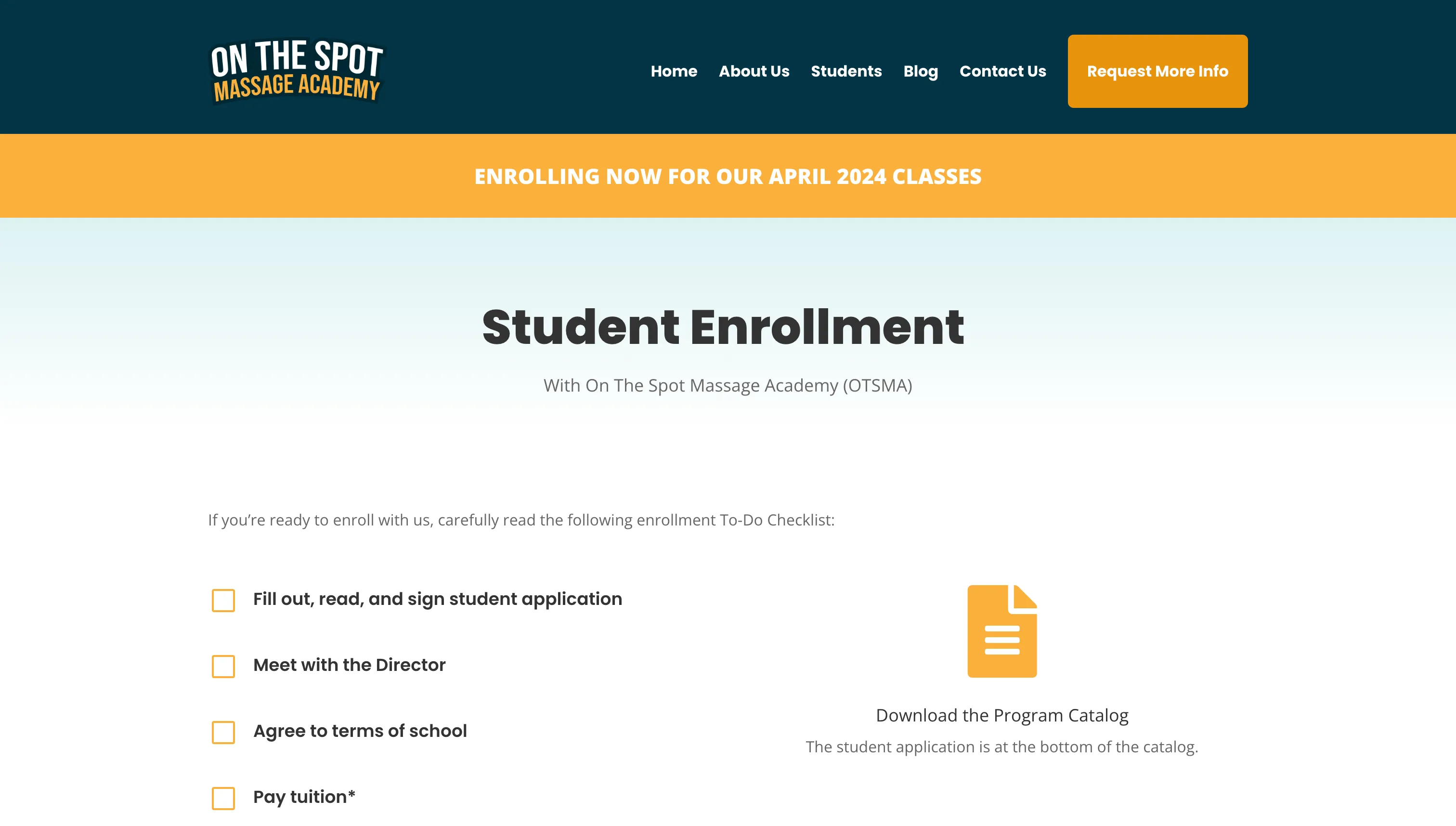 On The Spot Massage Academy student enrollment form web page