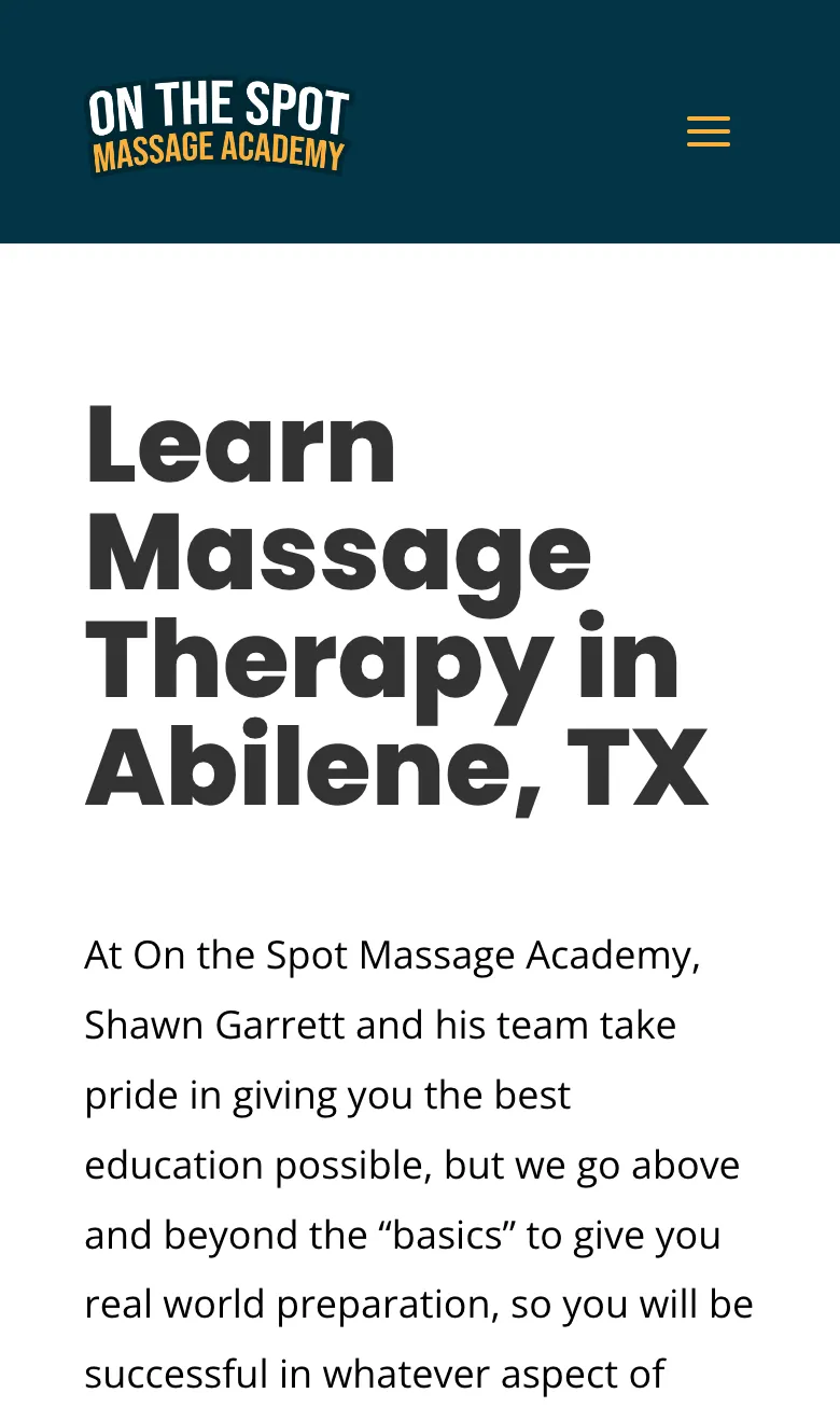 On The Spot Massage Academy home page on a mobile device