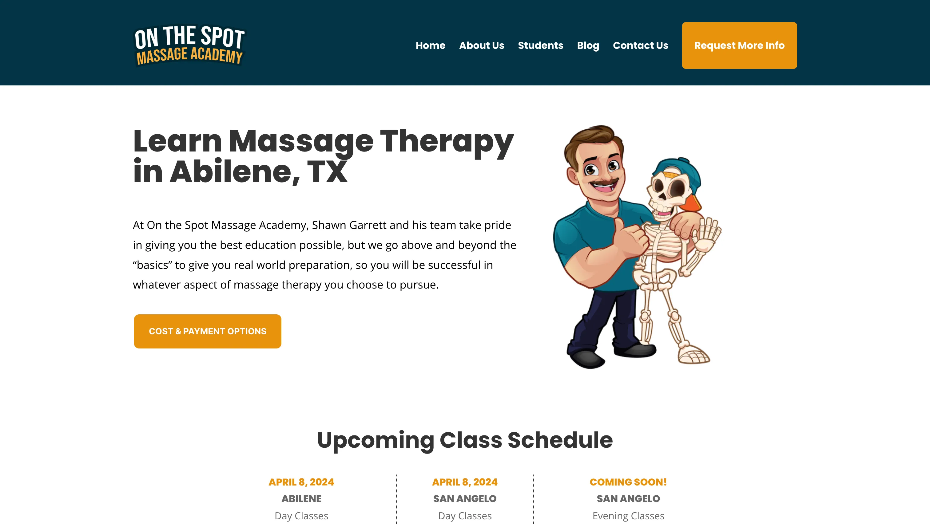 On The Spot Massage Academy home page on a laptop