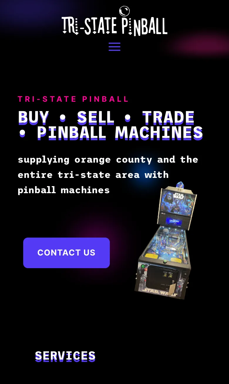 Tri-State Pinball home page on a mobile device