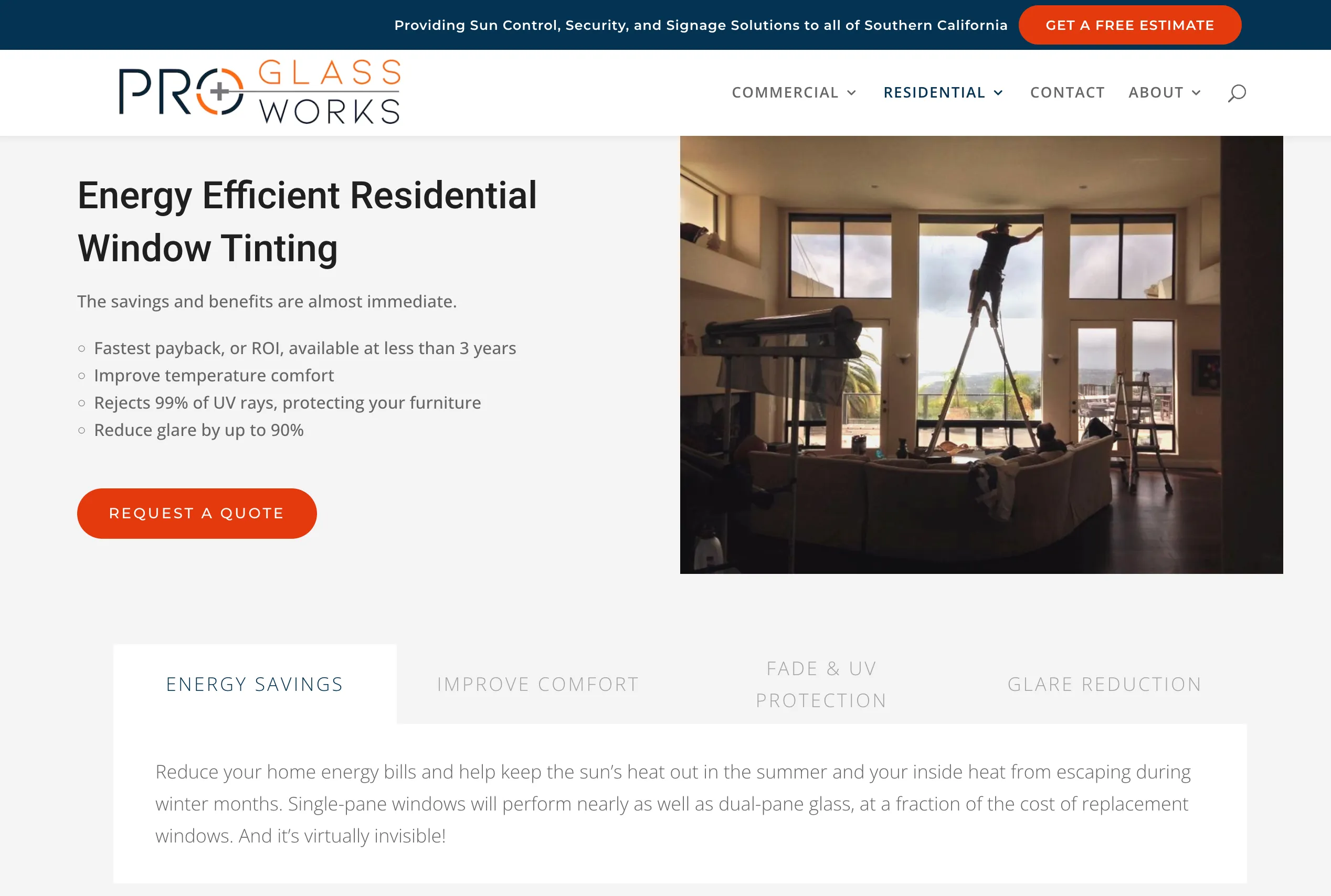 Pro Glass Works residential window tinting web page