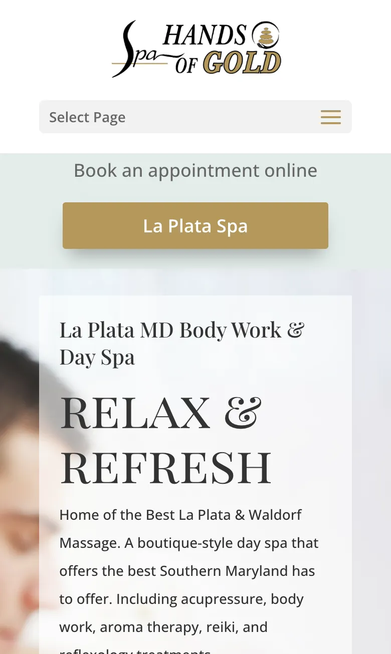 Spa Hands of Gold home page on a mobile device
